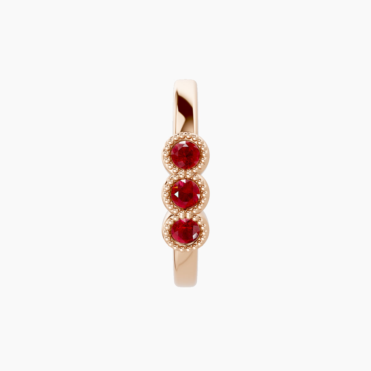 Irene | 18k Rose Gold 9.5 mm Trilogy Ruby Hoop Piercing