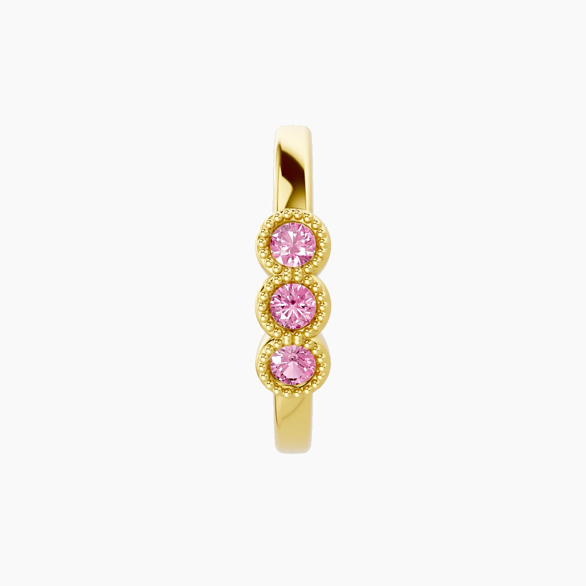 Irene | 18k Yellow Gold 9.5 mm Trilogy Pink Sapphire Hoop Piercing