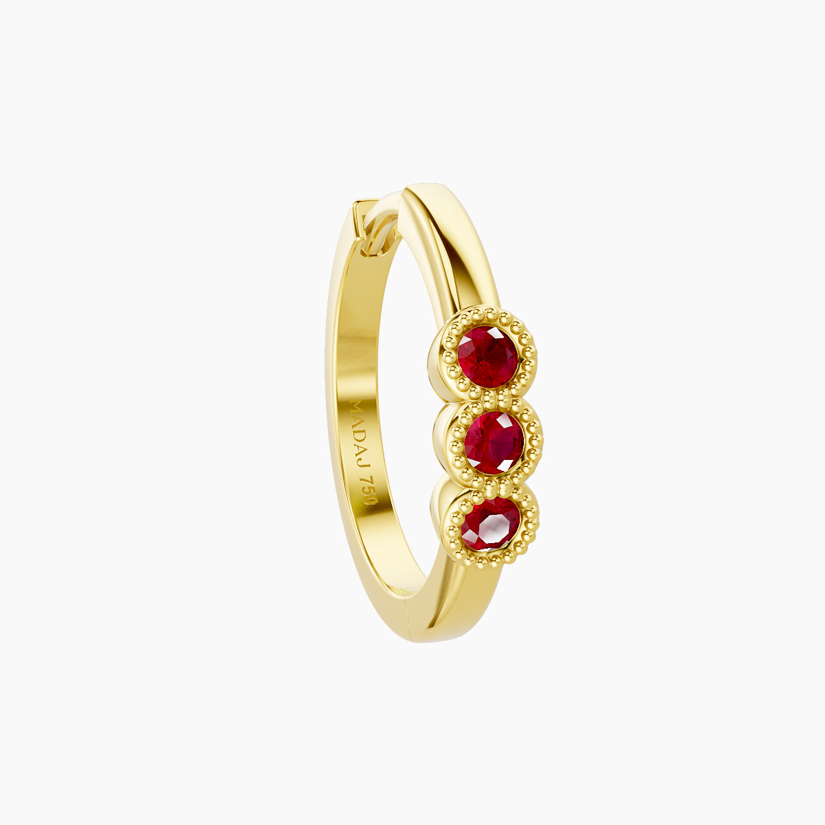 Irene | 18k Yellow Gold 9.5 mm Trilogy Ruby Hoop Piercing