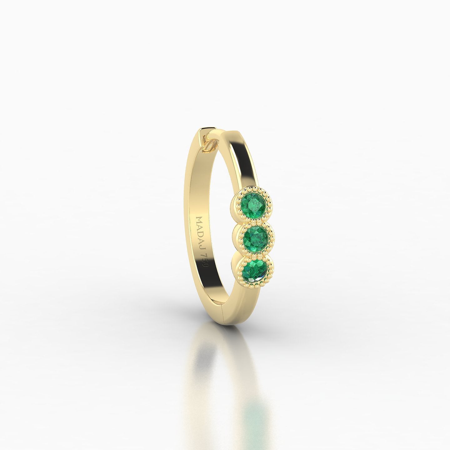 Irene | 18k Yellow Gold 9.5 mm Trilogy Emerald Hoop Piercing