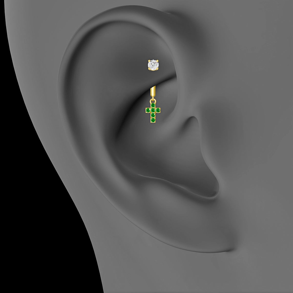 Junon | Piercing Rook Croix Émeraude & Diamant Or Jaune 18k Hypoallergénique 5 mm 8 mm