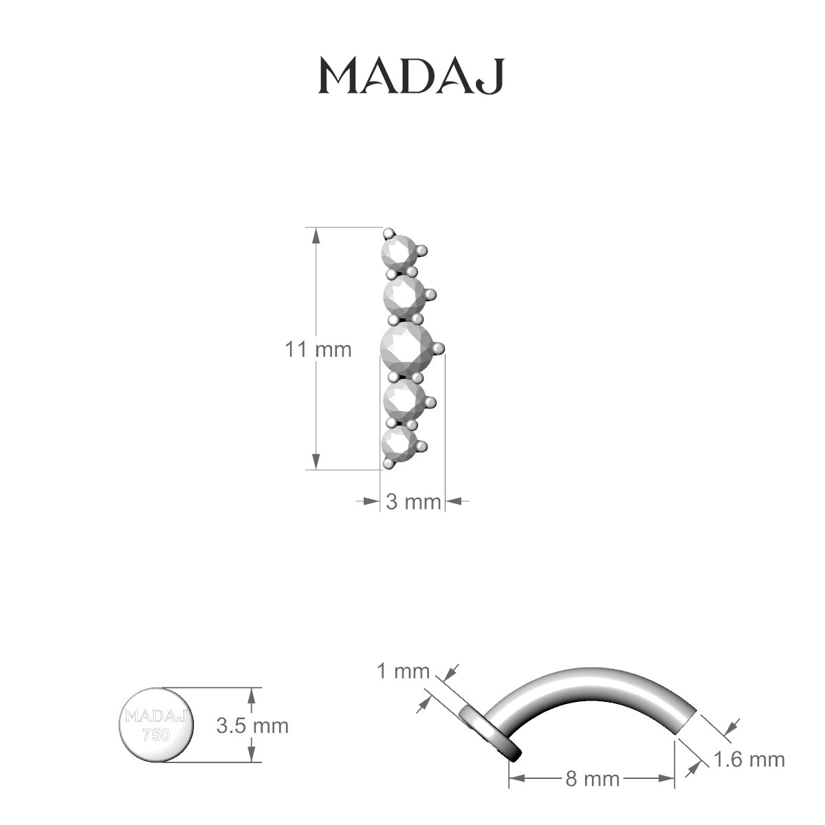 Justice | 18k White Gold 12 mm 8 mm Long Diamond Floating Navel Piercing