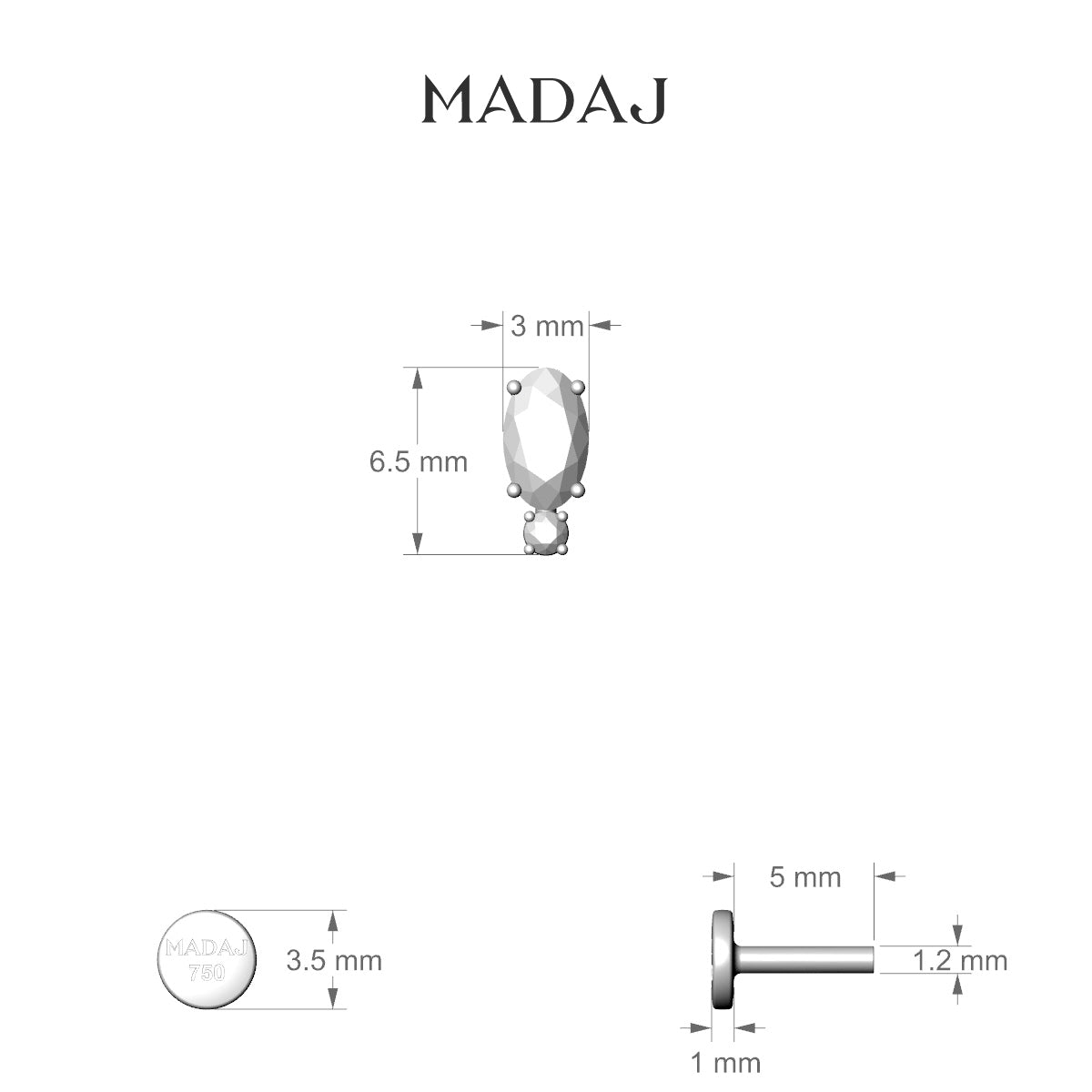 Kali | 18k White Gold 6.5 mm 5 mm Diamond Piercing