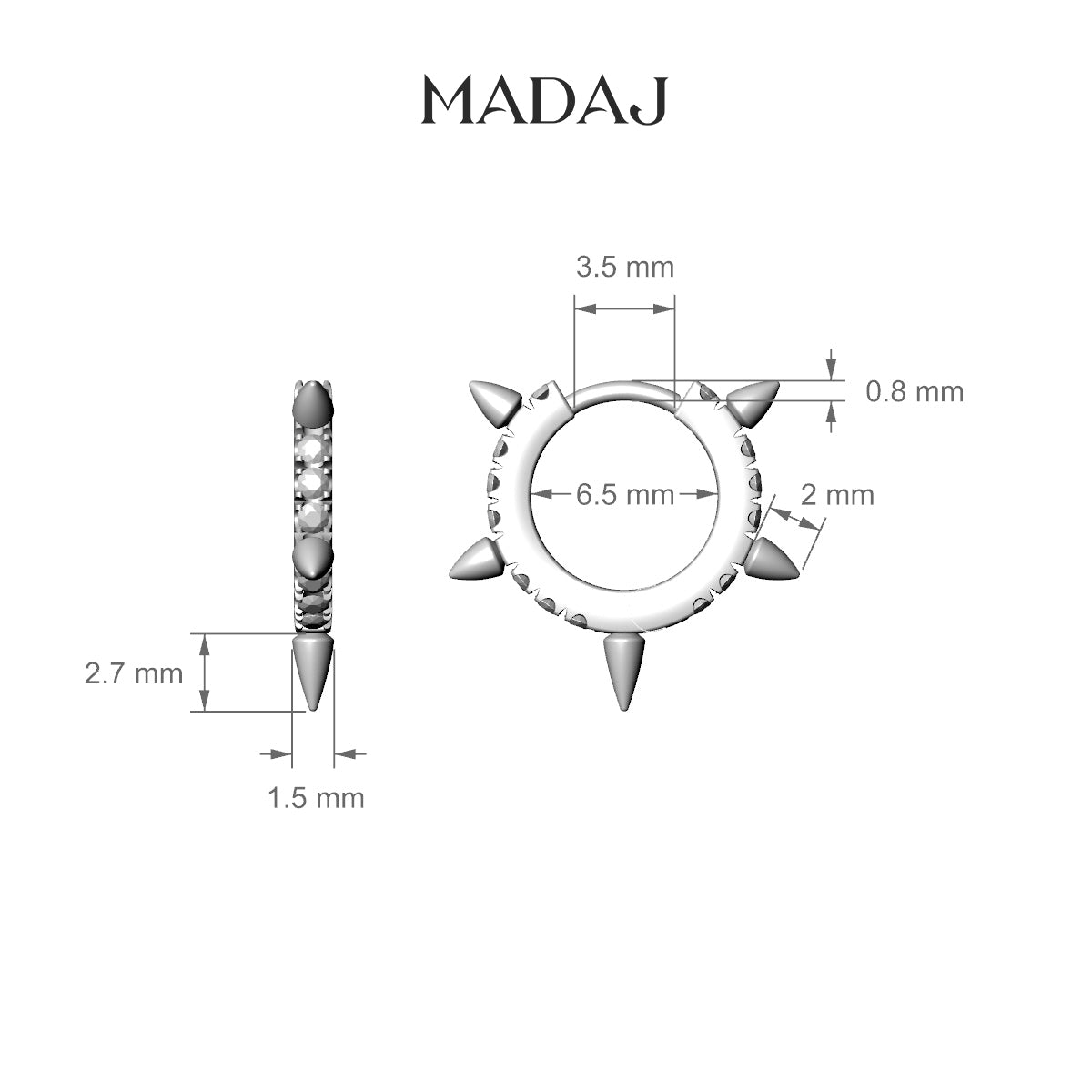 Kuan | 18k White Gold 6.5 mm Spike Black Diamond Hoop Piercing