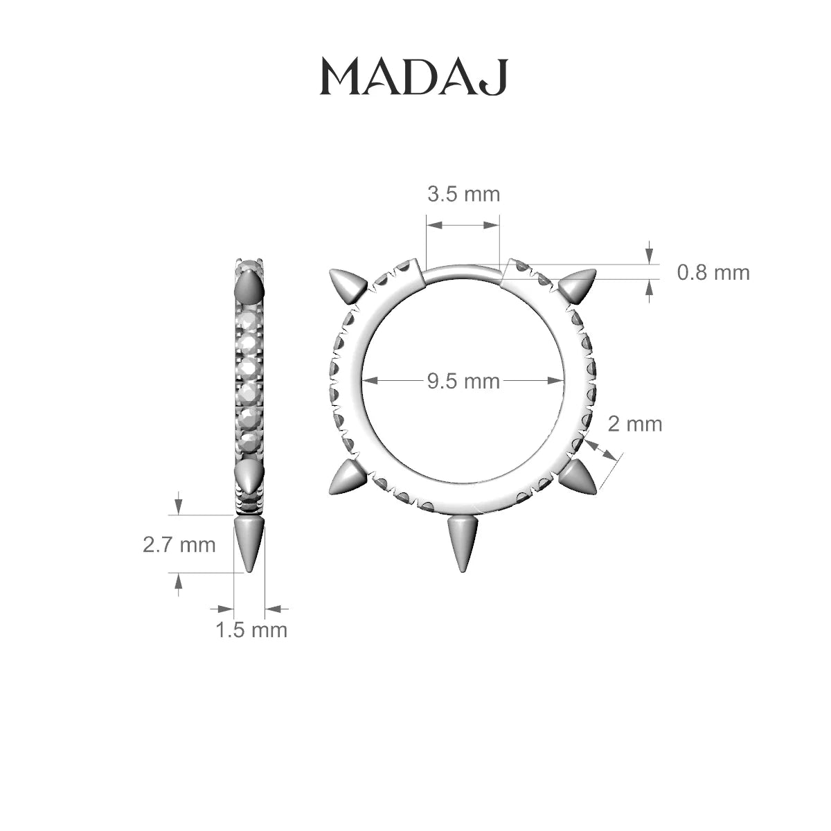 Kuan | 18k White Gold 9.5 mm Spike Black Diamond Hoop Piercing