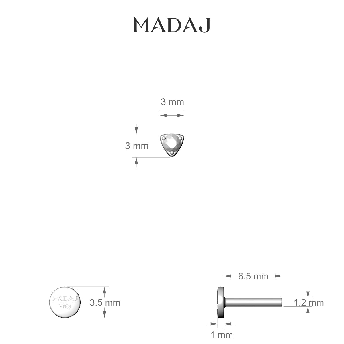 Leda | 18k Yellow Gold 6.5 mm 3 mm Round Black Diamond Nose Piercing