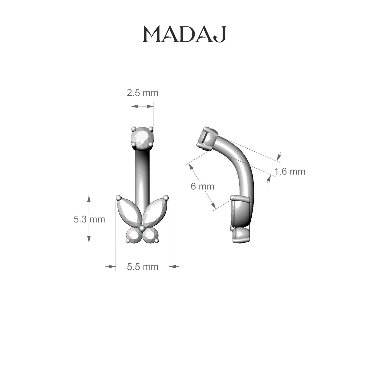 Levana | 18k White Gold 5.5 mm 6 mm Butterfly Diamond Belly Piercing
