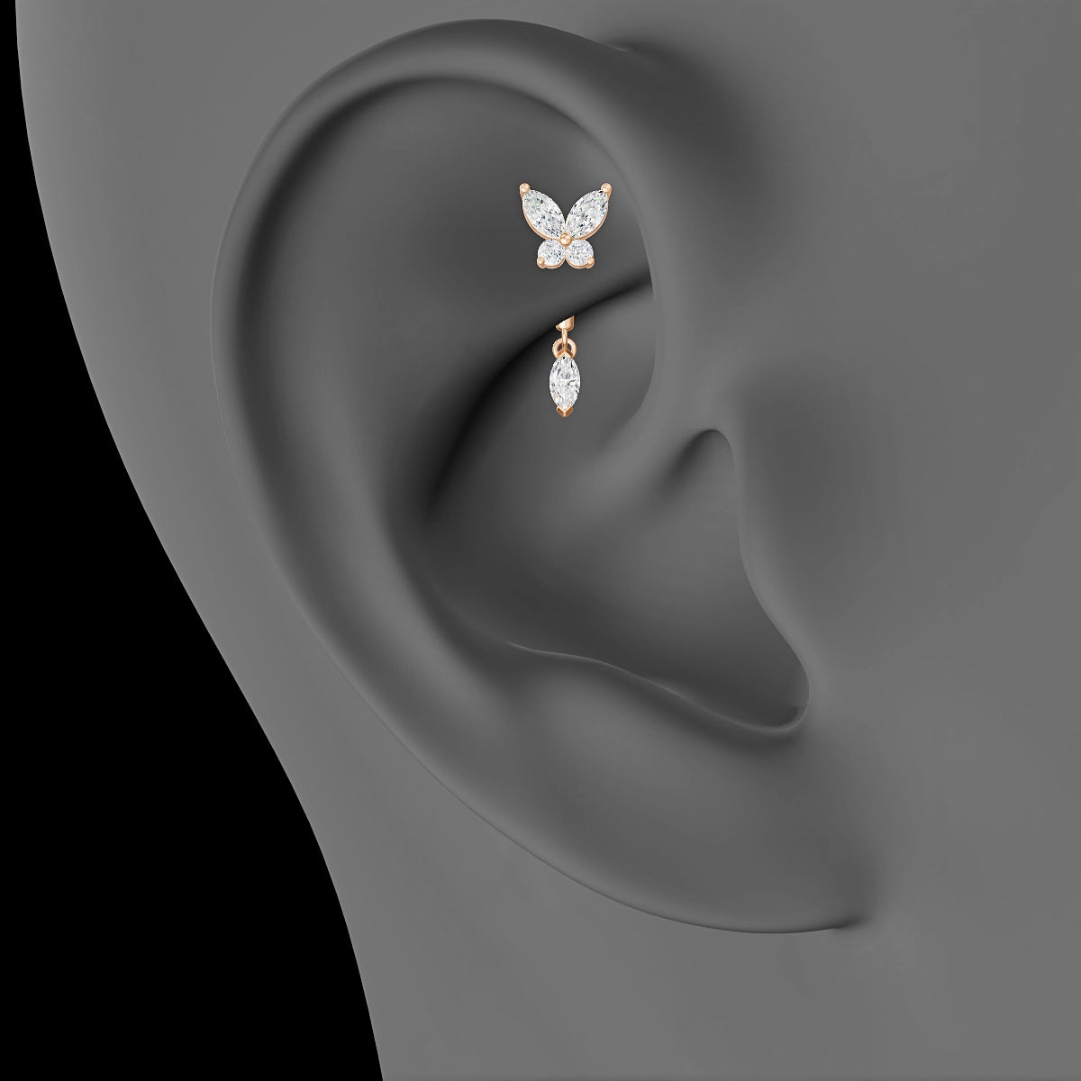 Levana | 18k Rose Gold 6 mm Butterfly Diamond Rook Piercing