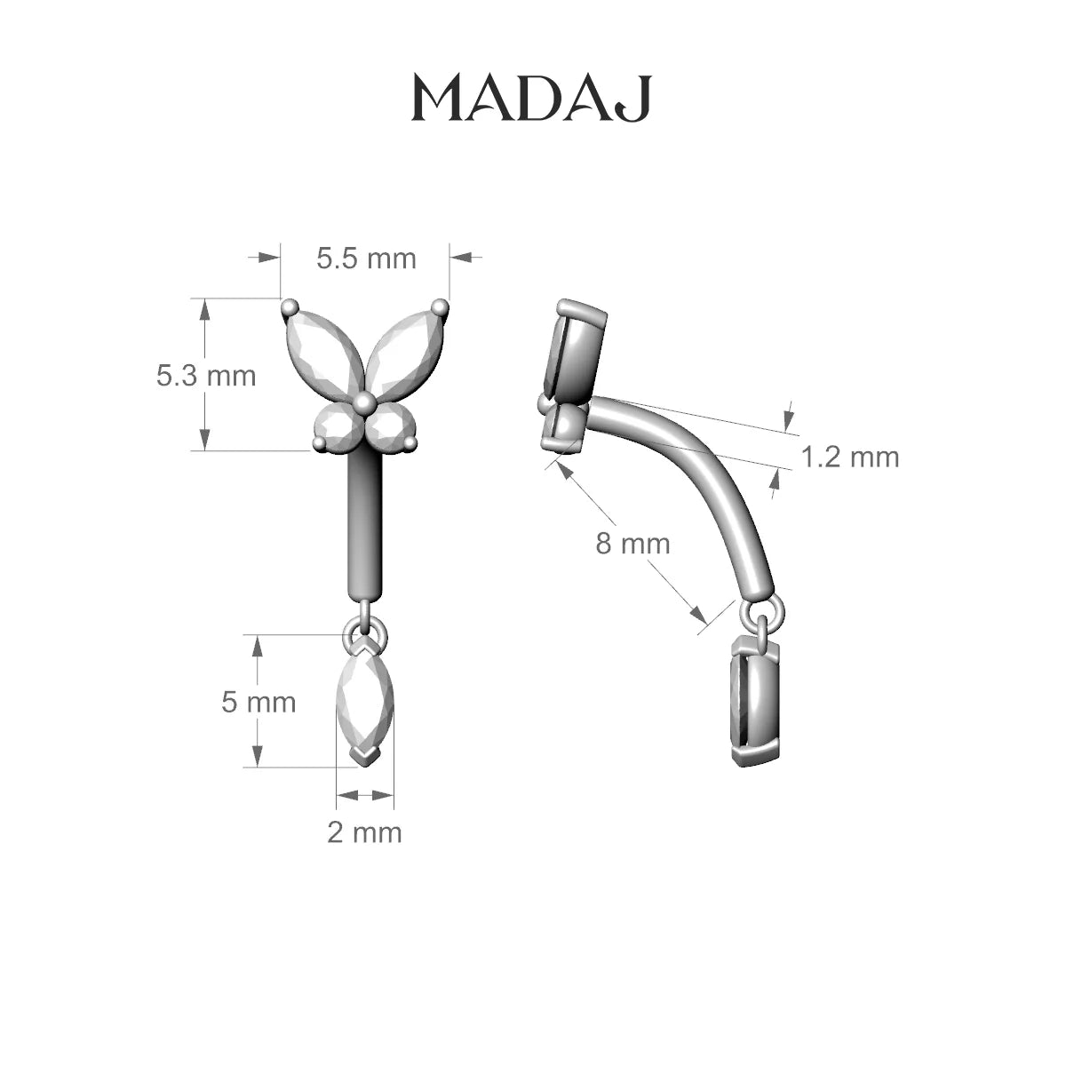 Levana | 18k Rose Gold 8 mm Butterfly Diamond Rook Piercing