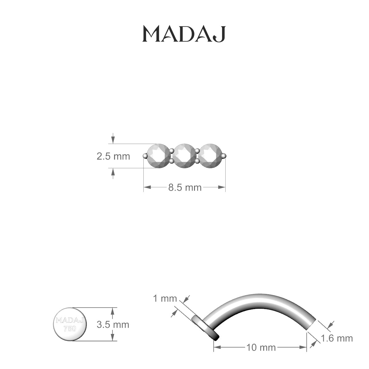 Ma'at | 18k Yellow Gold 8.5 mm 10 mm Trilogy Diamond Floating Navel Piercing