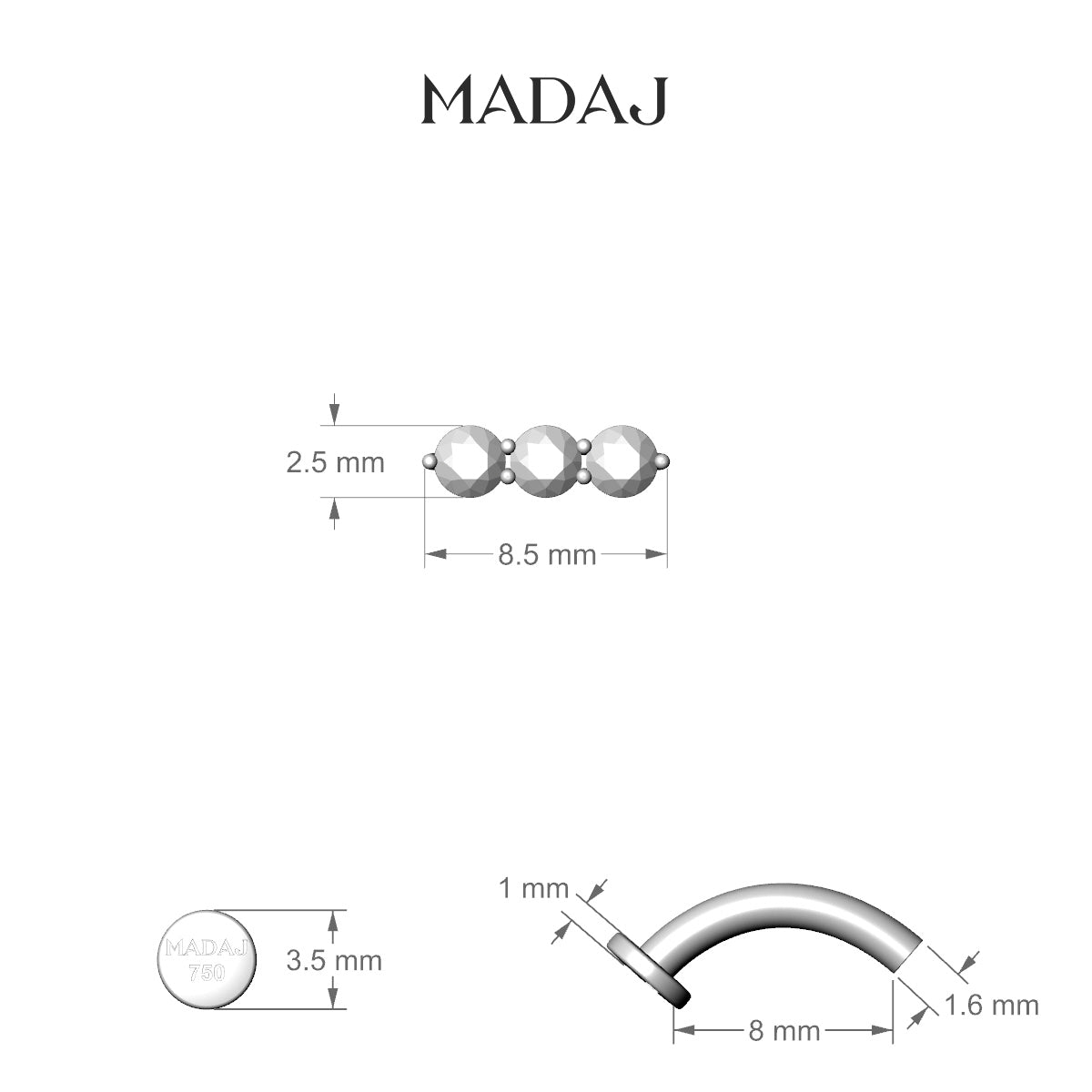 Ma'at | 18k Yellow Gold 8.5 mm 8 mm Trilogy Diamond Floating Navel Piercing