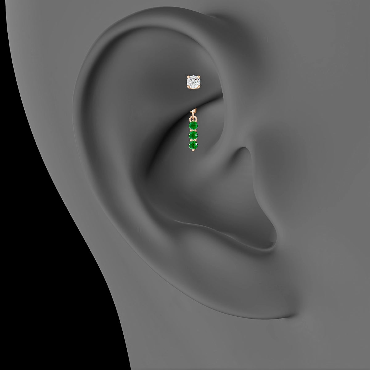 Ma'at | 18k Rose Gold 6 mm Trilogy Emerald & Diamond Rook Piercing