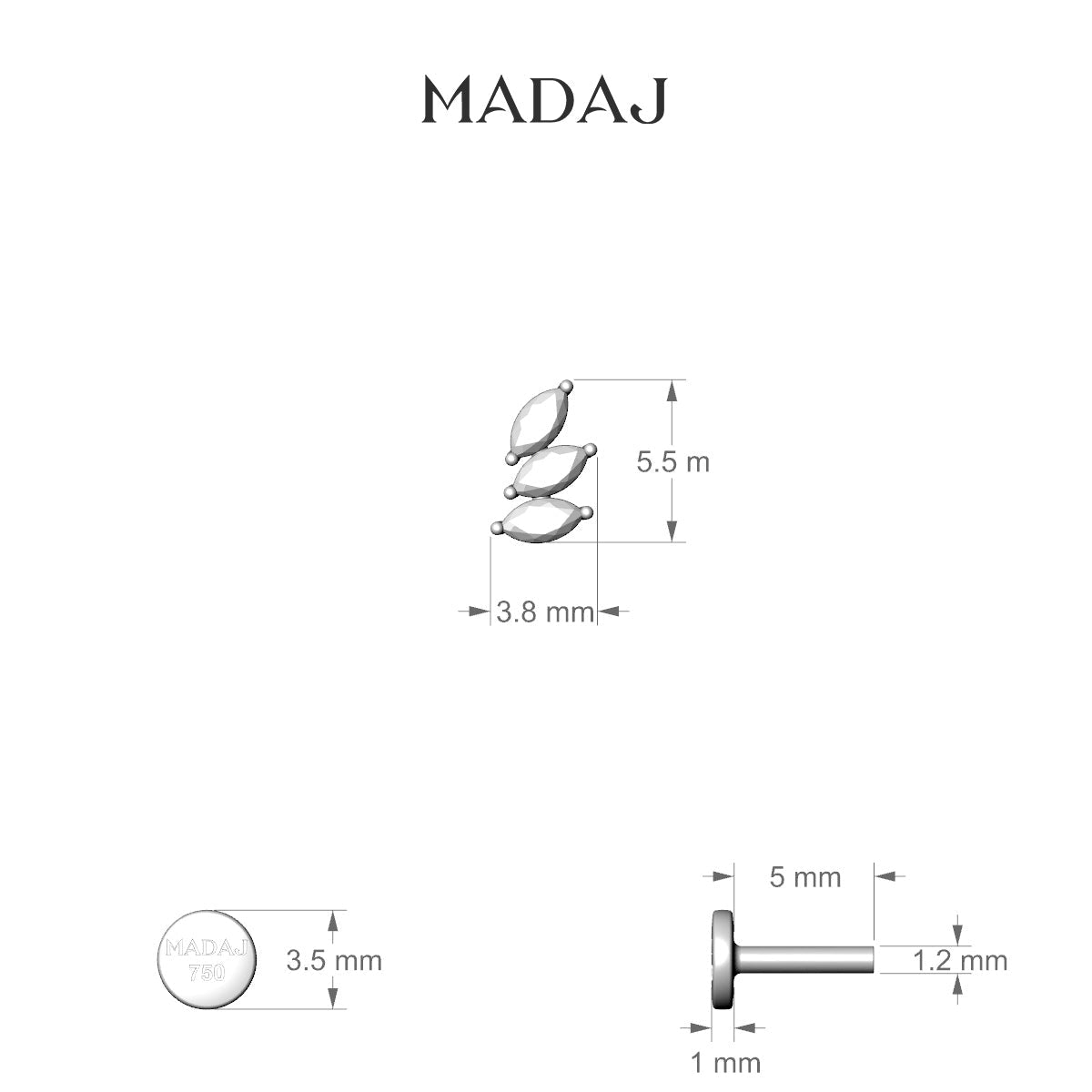 Melia | 18k Yellow Gold 5.5 mm 5 mm Trilogy Diamond Left Piercing