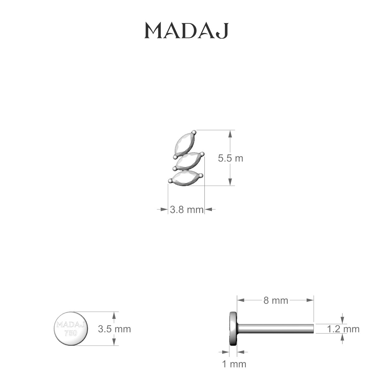 Melia | 18k White Gold 5.5 mm 8 mm Trilogy Diamond Left Piercing