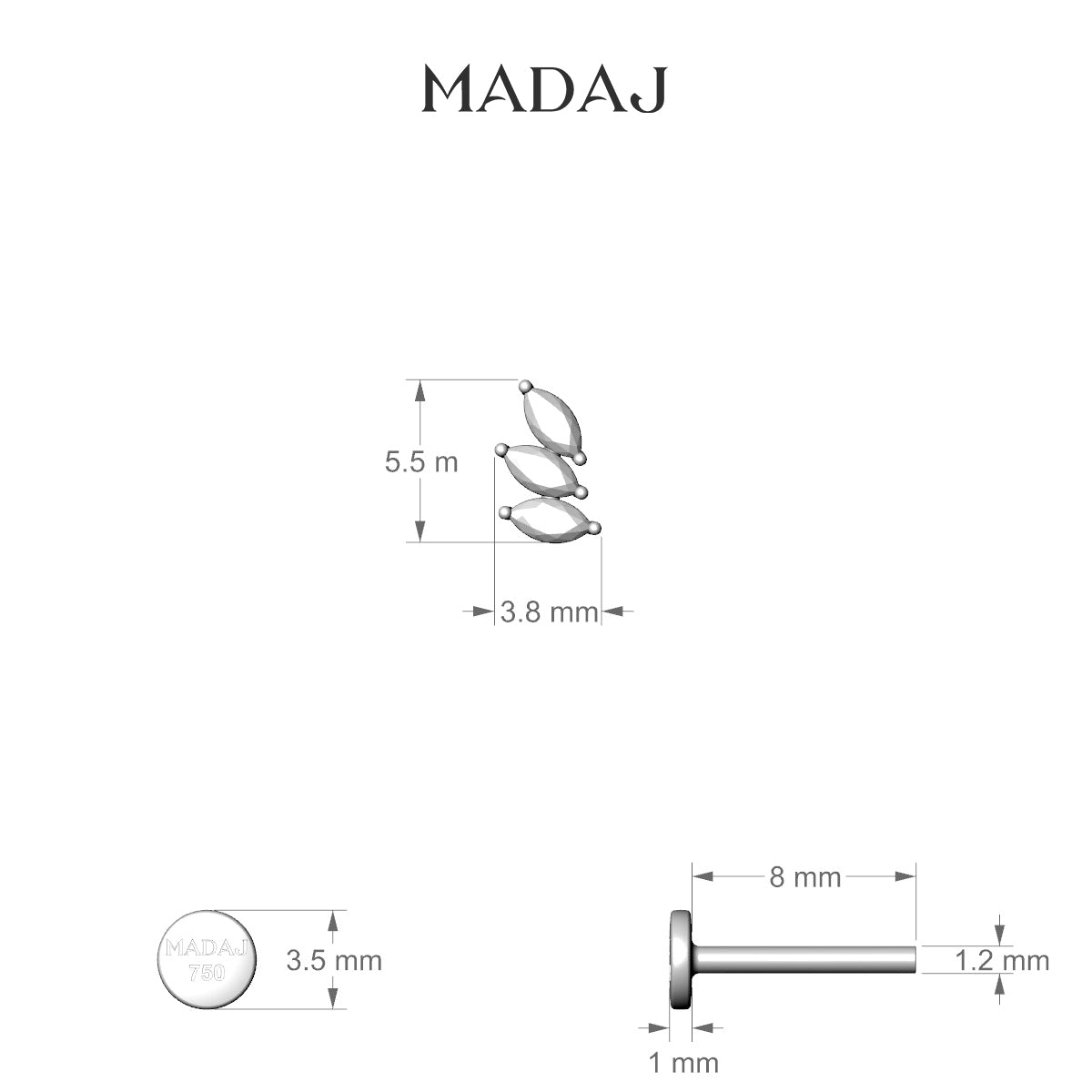 Melia | 18k Yellow Gold 5.5 mm 8 mm Trilogy Diamond Right Piercing