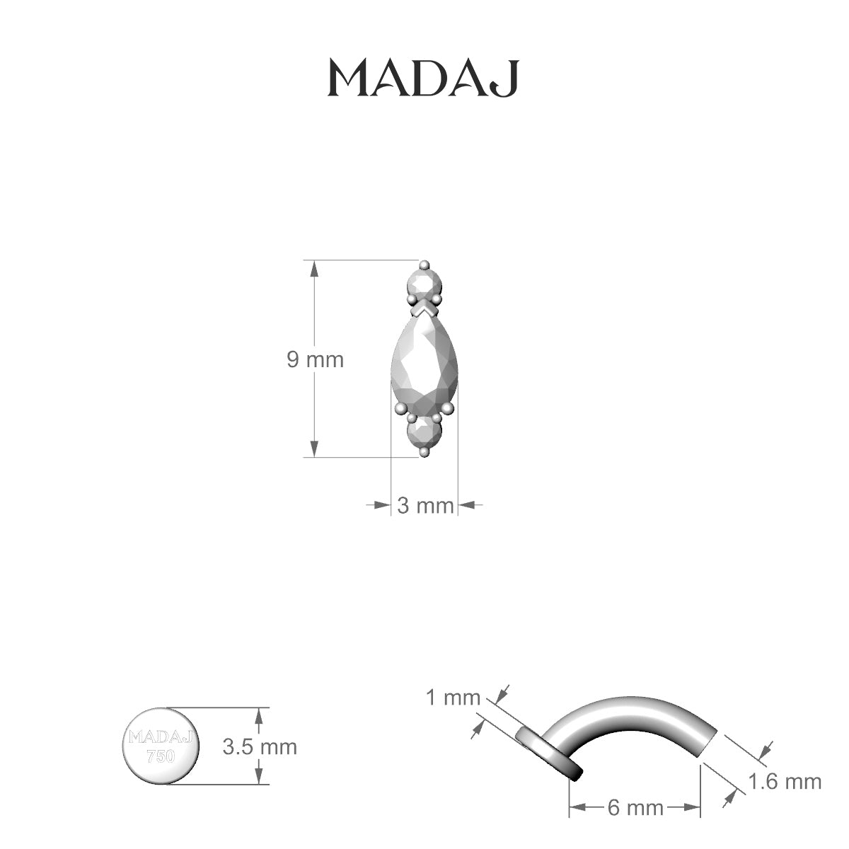 Metis | 18k White Gold 9 mm 6 mm Diamond Floating Navel Piercing