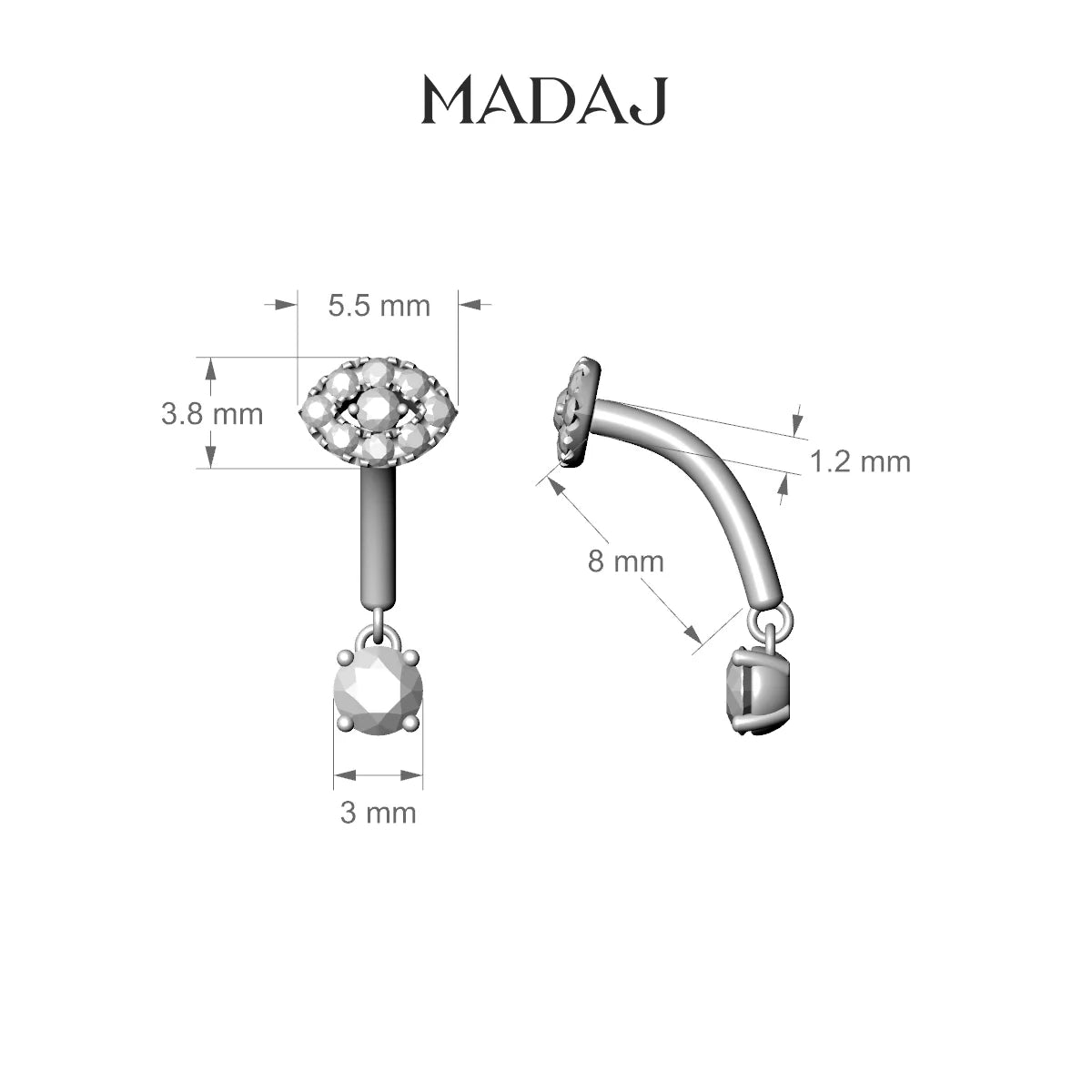 Minerva | 18k White Gold 8 mm Eye Black Diamond & Diamond Rook Piercing