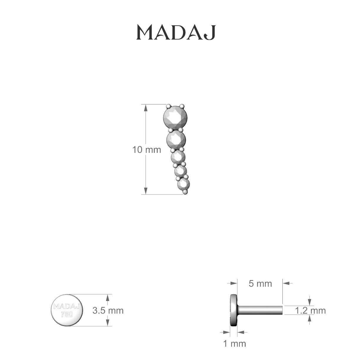 Nerthus | 18k White Gold 10 mm 5 mm Long Diamond Right Piercing