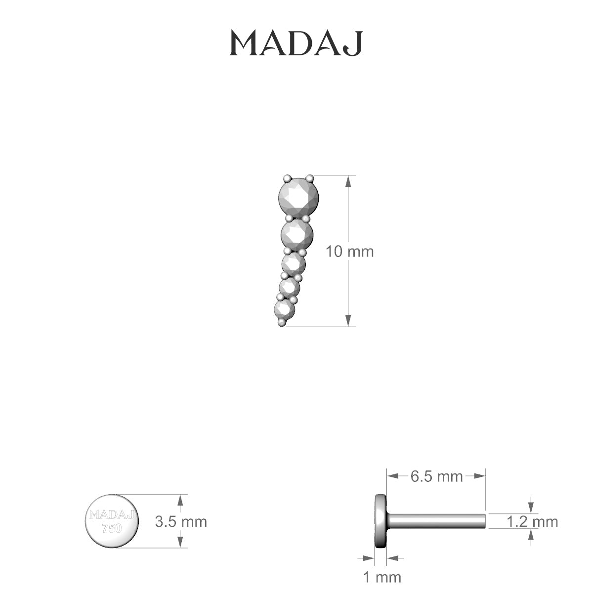 Nerthus | 18k White Gold 10 mm 6.5 mm Long Diamond Left Piercing