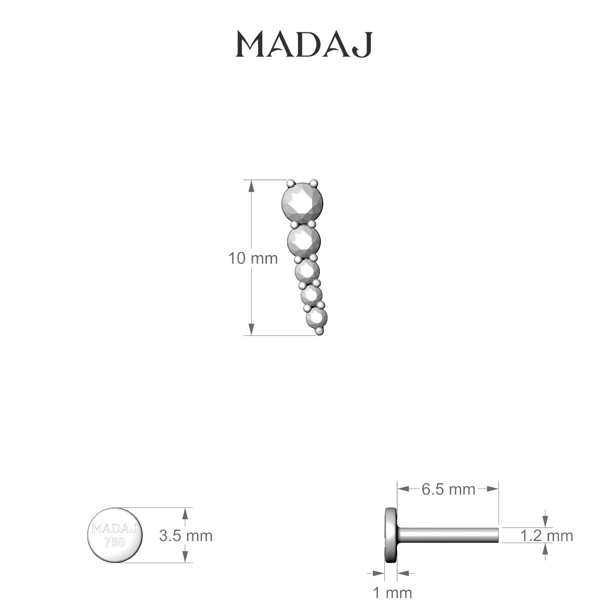 Nerthus | 18k White Gold 10 mm 6.5 mm Long Diamond Right Piercing