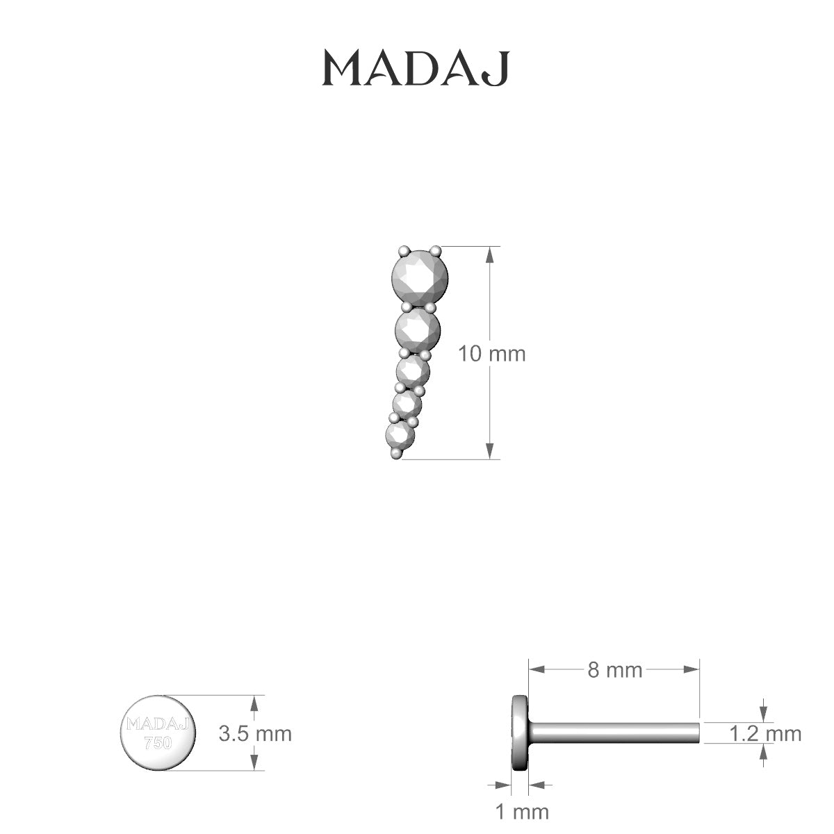 Nerthus | 18k White Gold 10 mm 8 mm Long Diamond Left Piercing