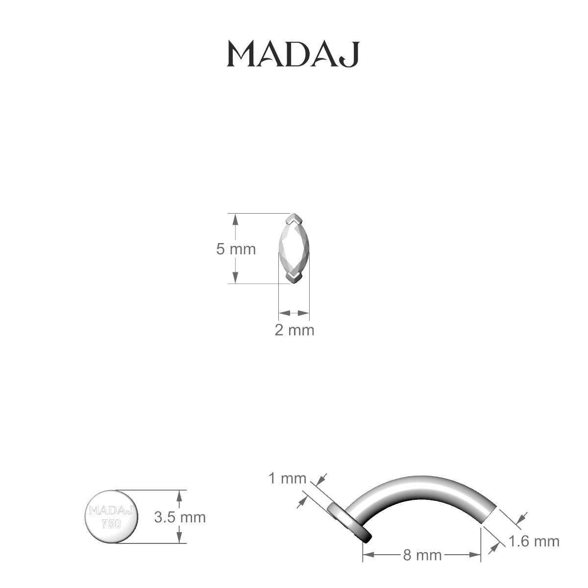 Nut | 18k White Gold 5 mm 8 mm Marquise Diamond Floating Navel Piercing