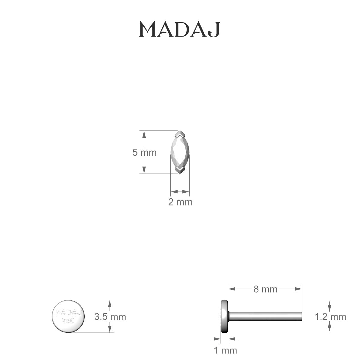 Nut | 18k White Gold 5 mm 8 mm Marquise Diamond Piercing