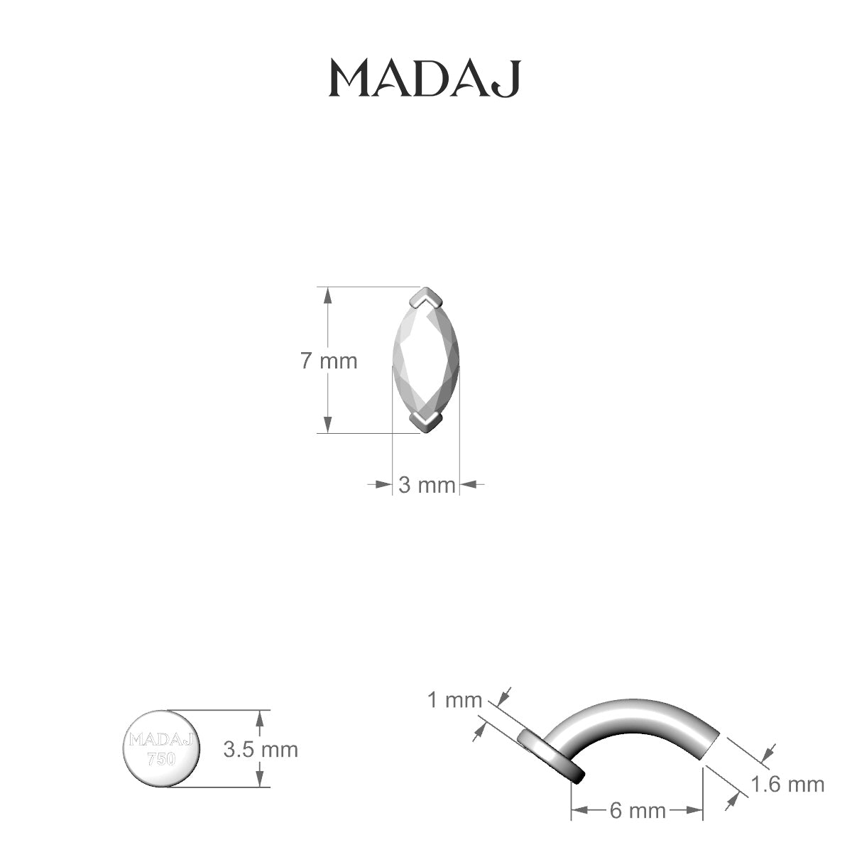 Nut | 18k White Gold 7 mm 6 mm Marquise Diamond Floating Navel Piercing