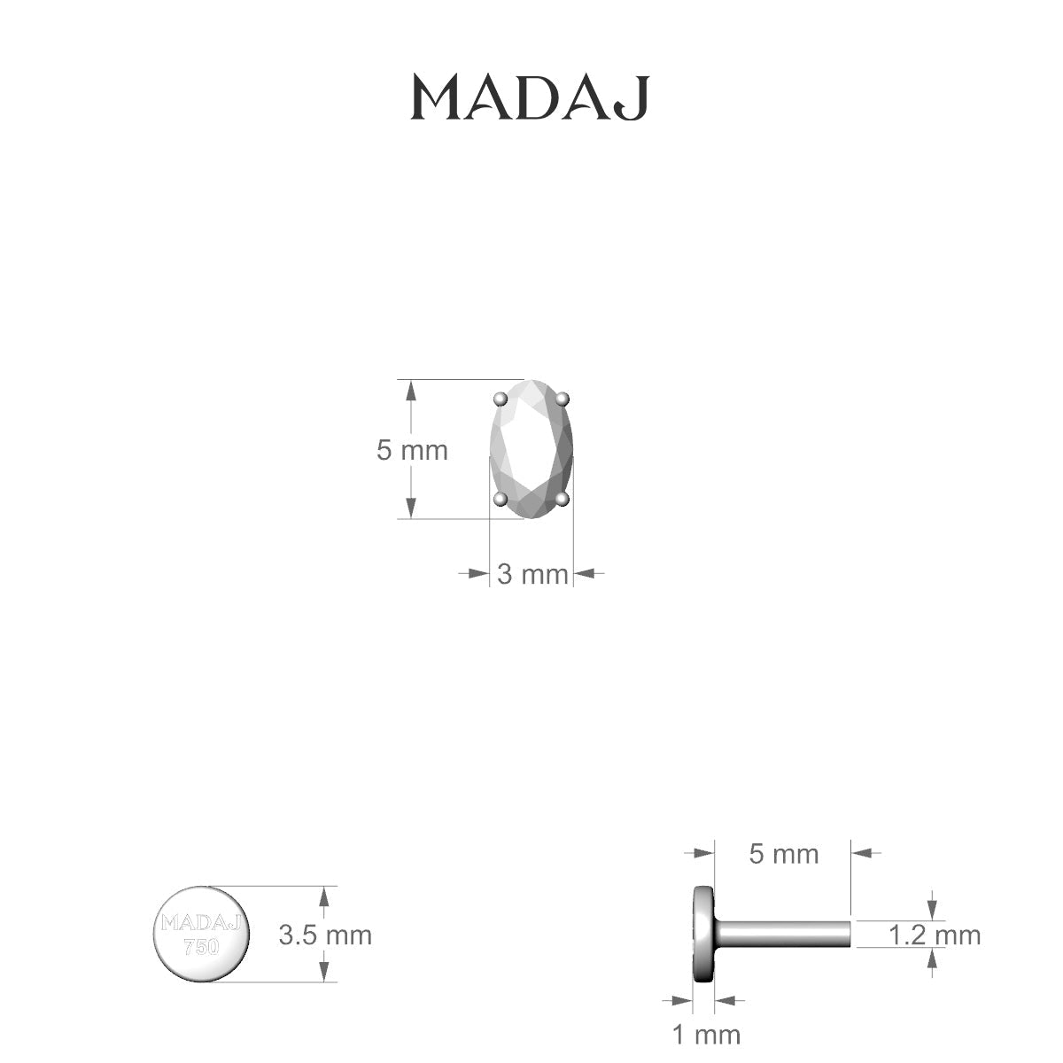 Nut | 18k White Gold 5 mm 5 mm Oval Diamond Nose Piercing