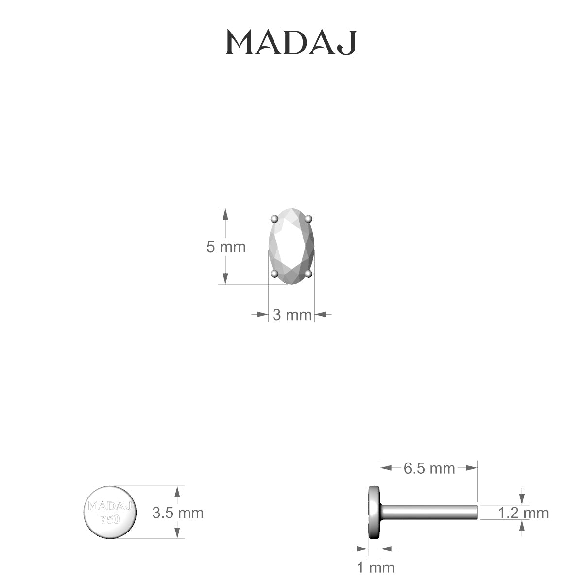 Nut | 18k Yellow Gold 5 mm 6.5 mm Oval Diamond Nose Piercing