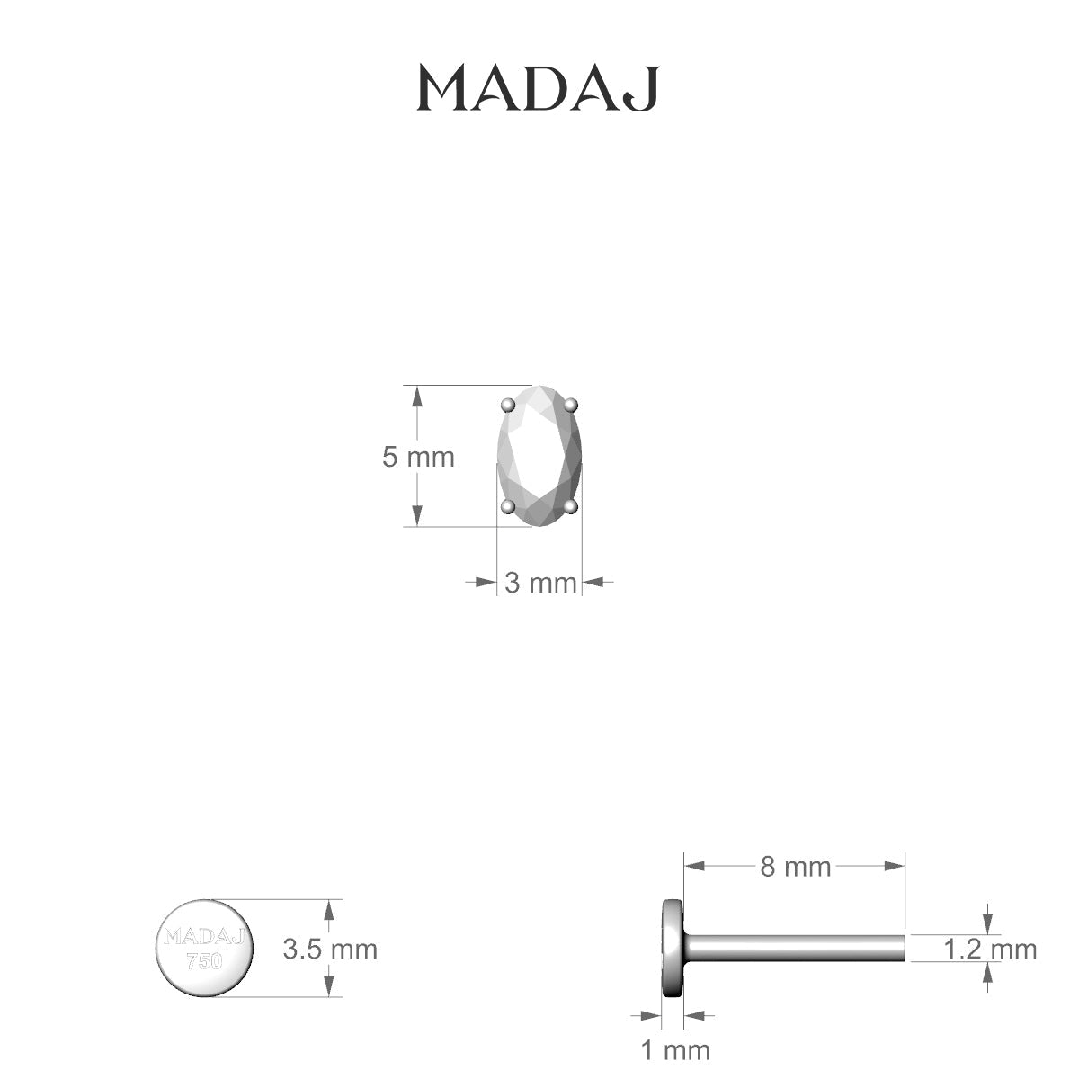 Nut | 18k White Gold 5 mm 8 mm Oval Diamond Piercing
