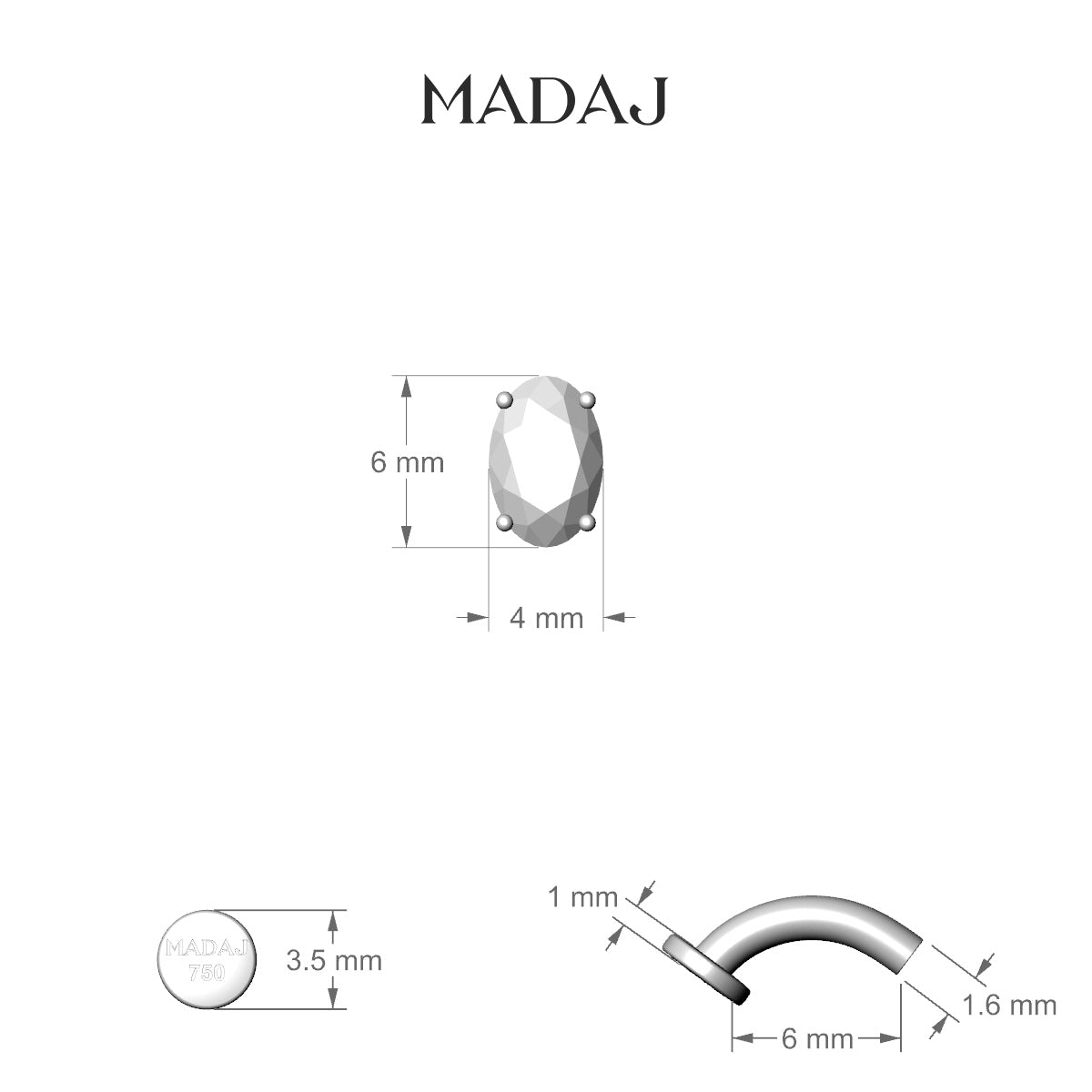 Nut | 18k Yellow Gold 6 mm 6 mm Oval Diamond Floating Navel Piercing