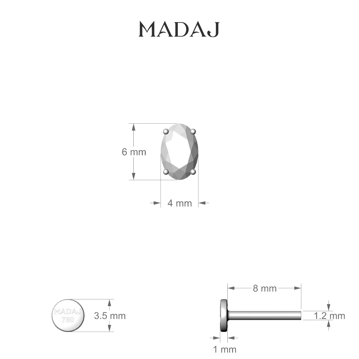 Nut | 18k White Gold 6 mm 8 mm Oval Diamond Nose Piercing