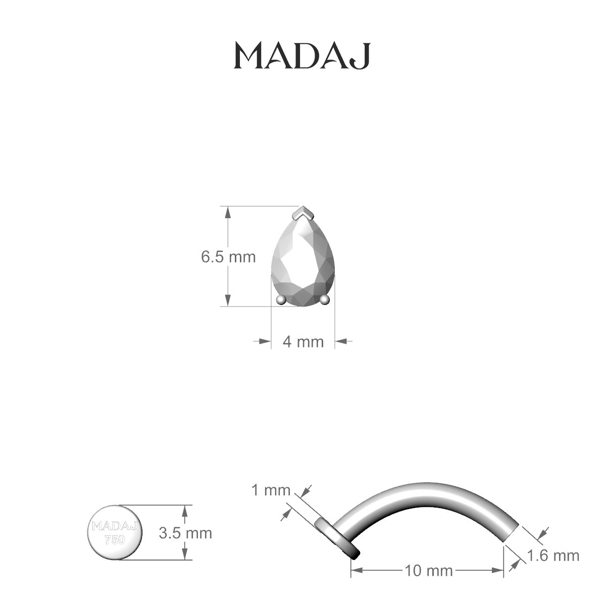 Nut | 18k White Gold 6.5 mm 10 mm Pear Diamond Floating Navel Piercing