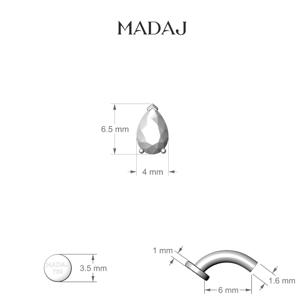 Nut | 18k Yellow Gold 6.5 mm 6 mm Pear Diamond Floating Navel Piercing