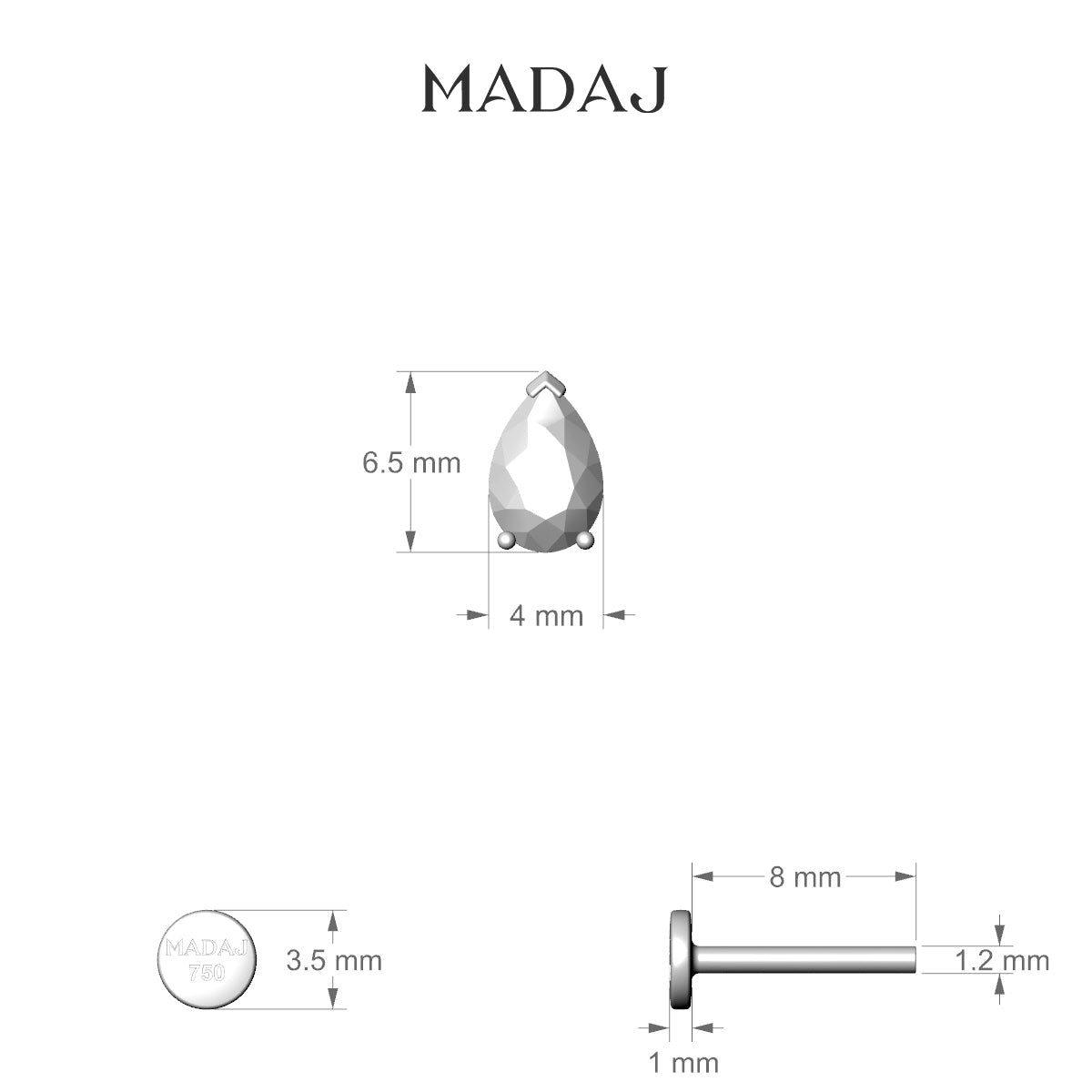 Nut | 18k White Gold 6.5 mm 8 mm Pear Diamond Nose Piercing