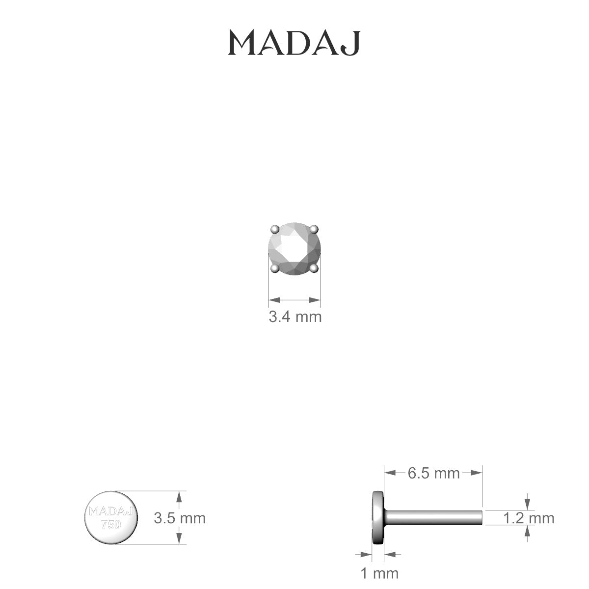 Nut | 18k White Gold 3.4 mm 6.5 mm Round Diamond Nose Piercing