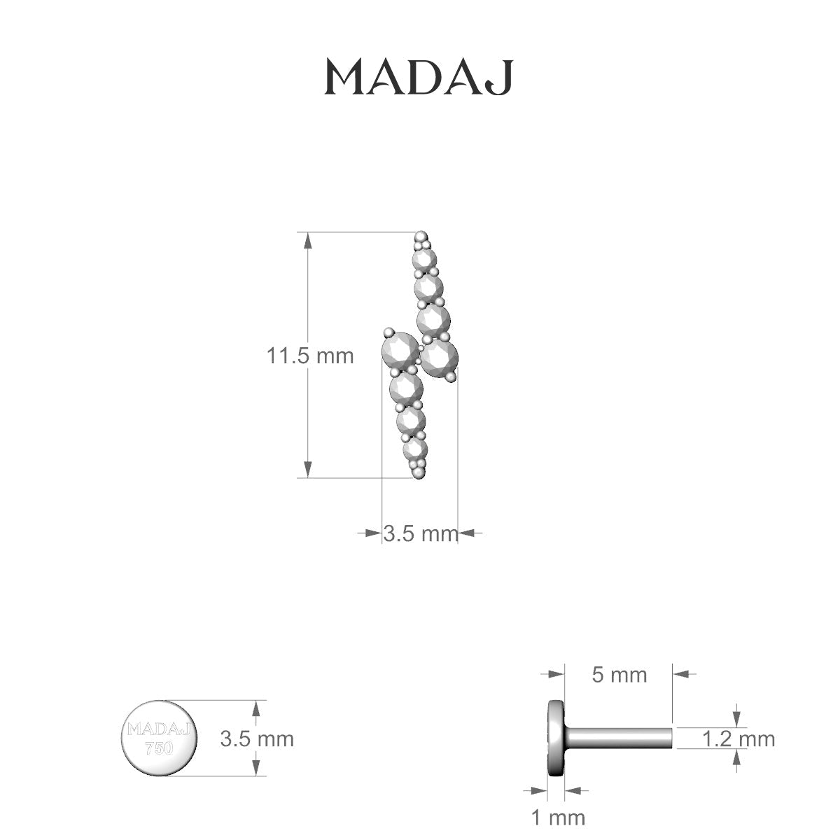 Phoebe | 18k White Gold 11.5 mm 5 mm Lightning Bolt Diamond Piercing