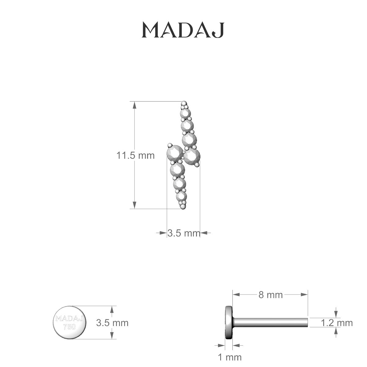 Phoebe | 18k White Gold 11.5 mm 8 mm Lightning Bolt Diamond Piercing