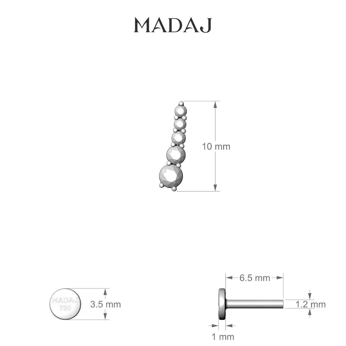 Serthus | 18k White Gold 10 mm 6.5 mm Long Diamond Left Piercing