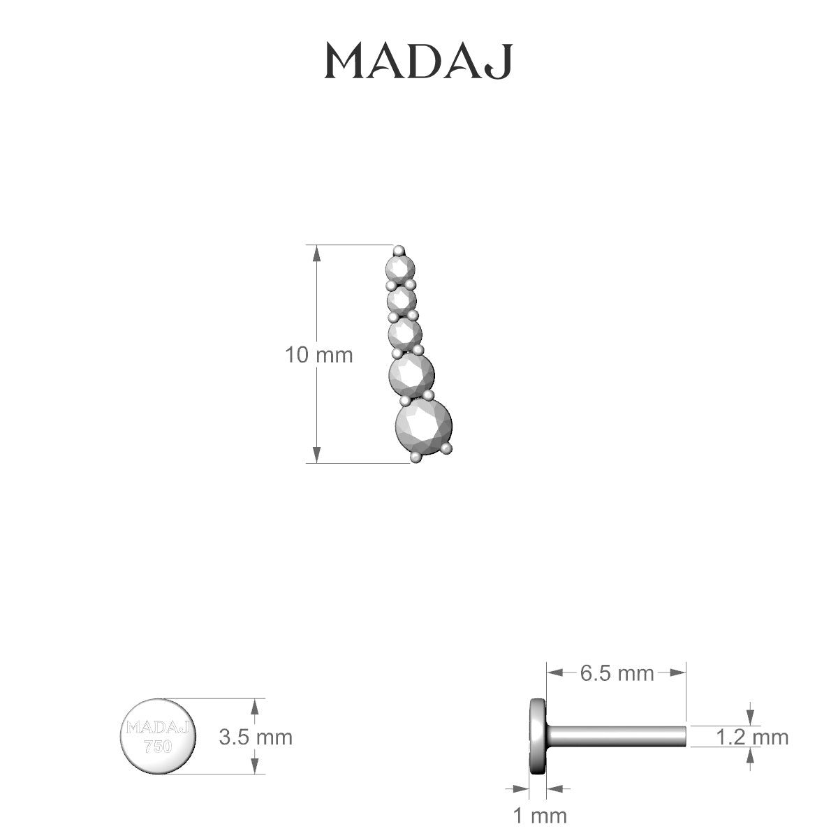 Serthus | 18k White Gold 10 mm 6.5 mm Long Diamond Right Piercing