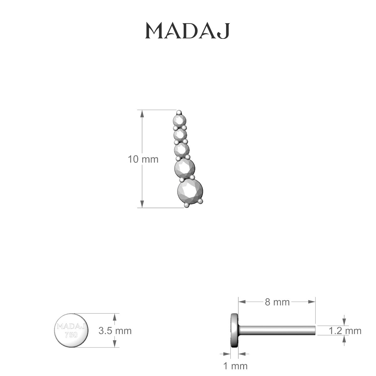 Serthus | 18k White Gold 10 mm 8 mm Long Diamond Right Piercing