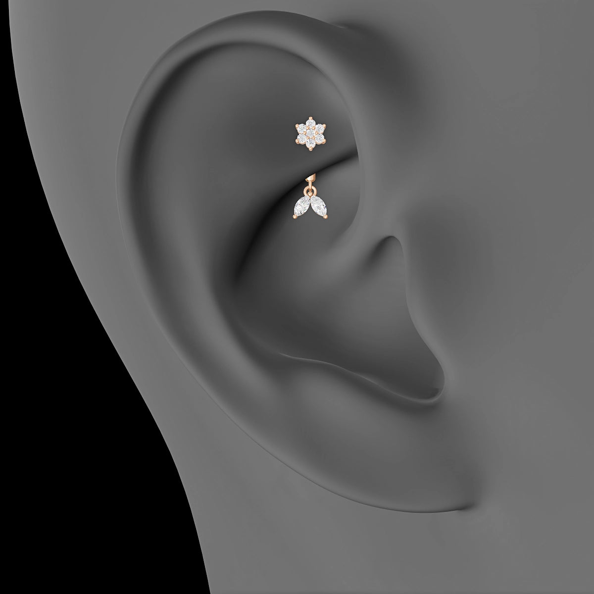 Vela | Piercing Rook Fleur Diamant Or Rose 18k Hypoallergénique 4 mm 6 mm