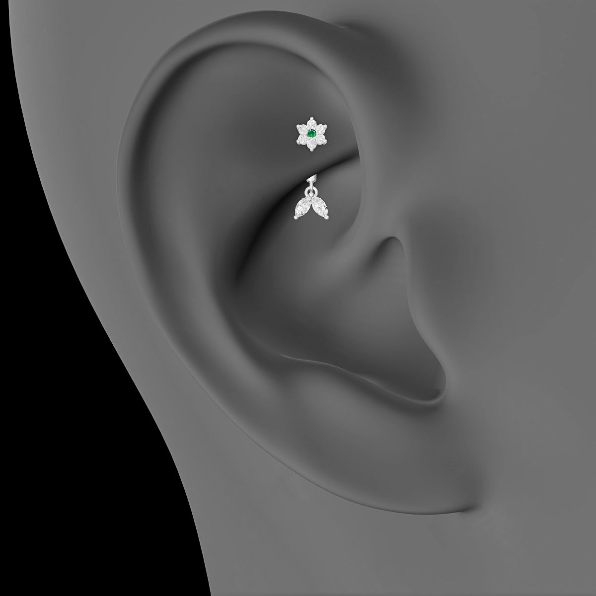 Vela | 18k White Gold 6 mm Flower Emerald & Diamond Rook Piercing