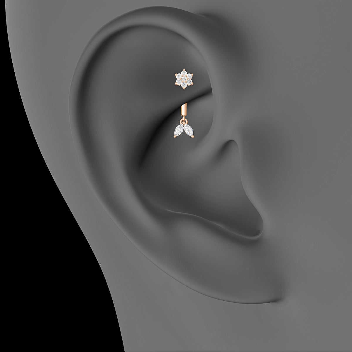 Vela | Piercing Rook Fleur Diamant Or Rose 18k Hypoallergénique 4 mm 8 mm