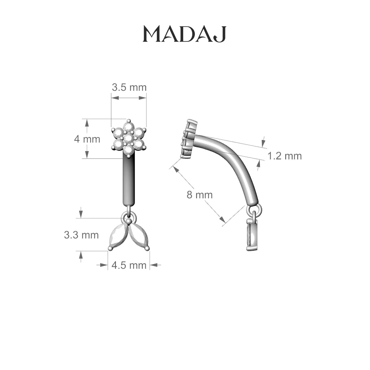 Vela | Piercing Rook Fleur Diamant Or Jaune 18k Hypoallergénique 4 mm 8 mm